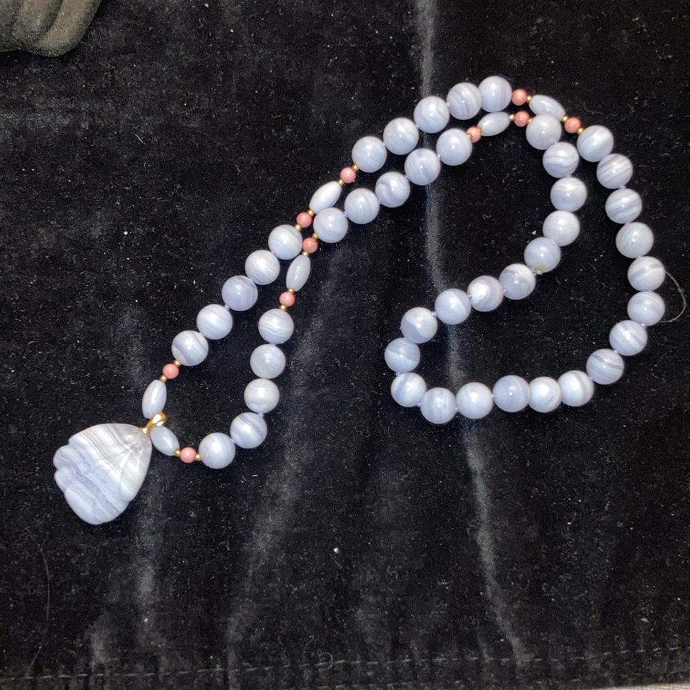 23”BLUE LACE AGATE Hand-knotted Artisan NECKLACE with pink Rhodanite beads; NWOT